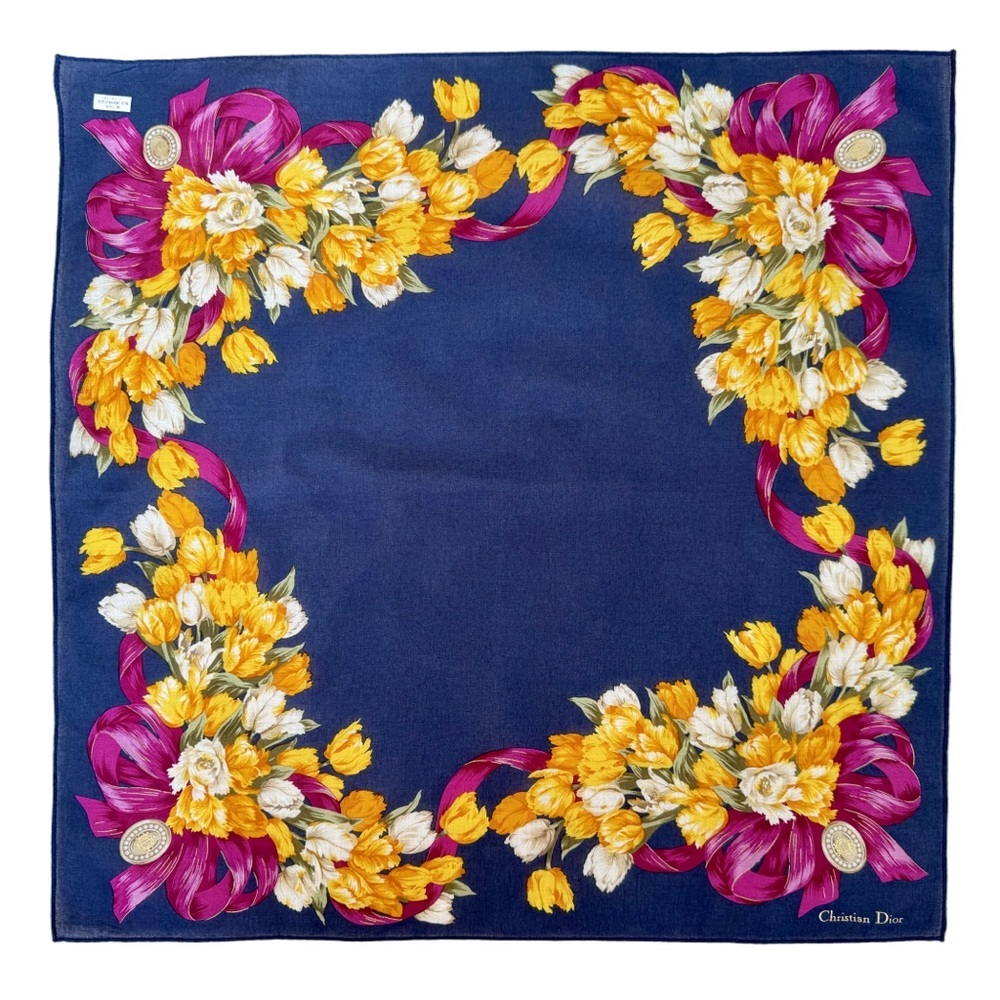 Dior Navy Silk Scarf Yellow Tulip Magenta Ribbon - Picture 2 of 6
